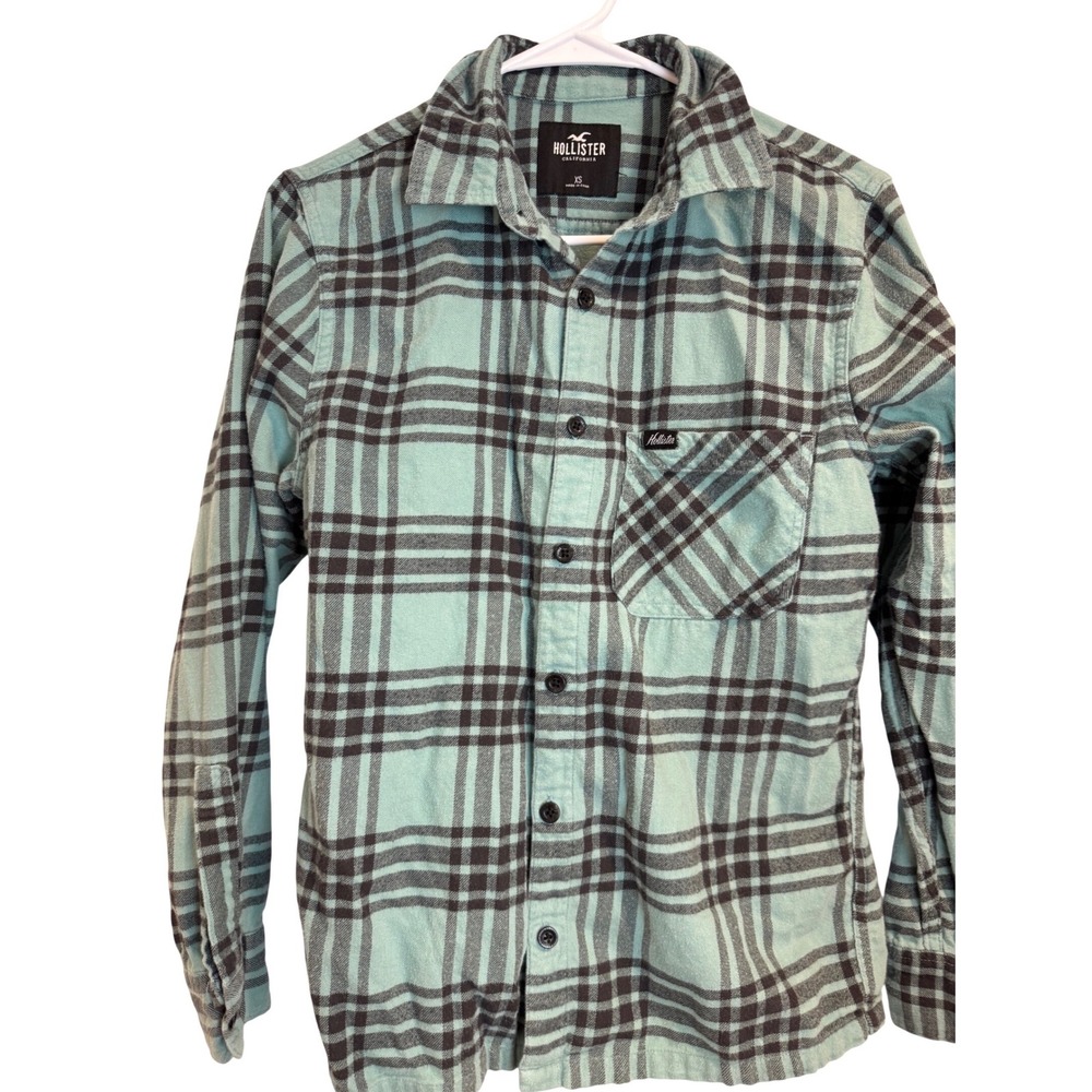 Hollister Mens XS Turquoise Gray Plaid Flannel Button Down Shirt Long Sleeve